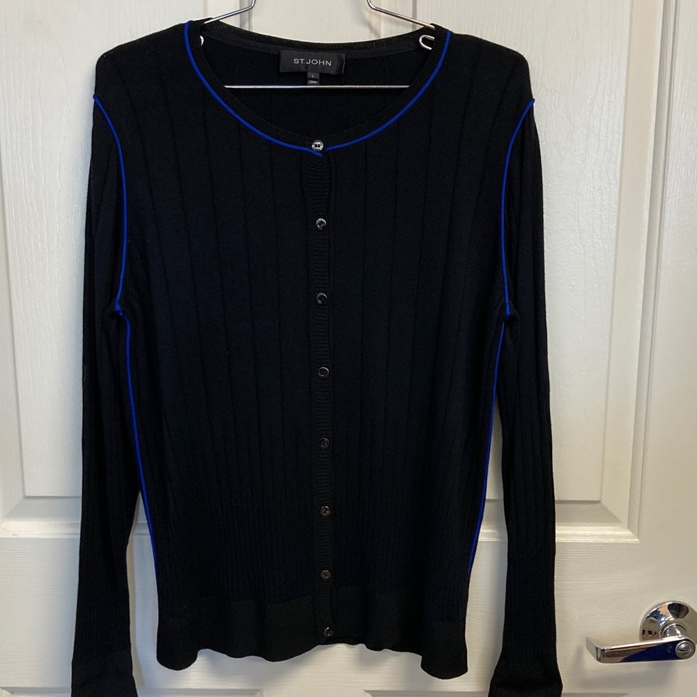 St. John Black Cardigan with Blue Trim size Large EUC